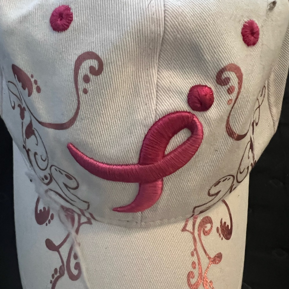 white Cap with Pink Ribbon Embroidery - Women's Awareness Baseball Hat - Picture 2 of 4
